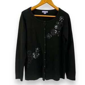 Laura Scott Black Knit Cardigan Floral Sequin Appliqué Women’s Size Small Girly